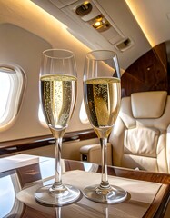 Two champagne flutes filled with sparkling wine, elegantly positioned on a tray inside a luxurious private jet cabin.
