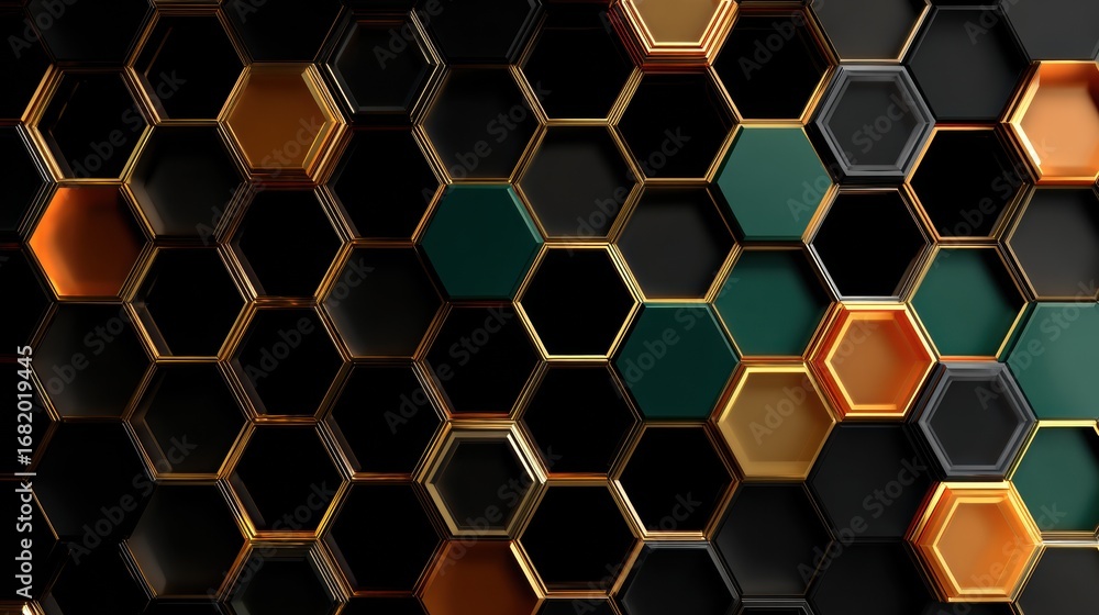 Poster a striking arrangement of hexagonal shapes showcases a blend of dark and metallic colors, creating a