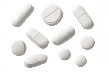 Pharmaceutical capsules and tablets cascading on transparent surface, illustrating medical treatment, drug diversity, and healthcare innovation