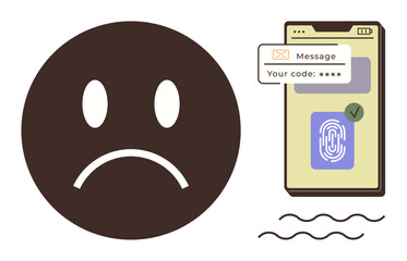Sad face next to smartphone displaying fingerprint authentication and code message. Ideal for cybersecurity, data privacy, online safety, technology, user frustration, identity protection