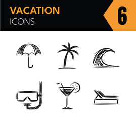 Illustration of umbrella, palm, wave, snorkel, cocktail, chair, beach, summer, vacation, holiday, travel, tourism, sea, ocean, sun, sand, tropical, island, resort