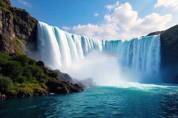 Majestic waterfall cascading down rocky cliffs, creating a misty spray and vibrant rainbow  The powerful water creates a breathtaking spectacle of nature's beauty ,  green,  untouched