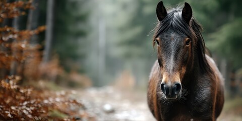 Brown horse standing in a forest with autumn foliage during a misty morning