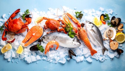 Fresh seafood assortment, including crab, salmon, fish, shrimp, and shellfish, displayed artfully on a bed of ice, evokes a vibrant, healthy, and appetizing culinary scene.