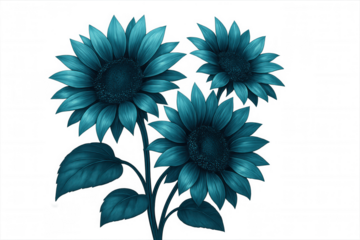 Teal blue sunflowers blooming, vibrant petals spreading against transparent backdrop