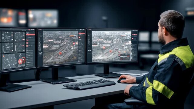Operator examining detailed substation alarm indicators medium shot with highlighted alarms on screen and softened control room elements behind.