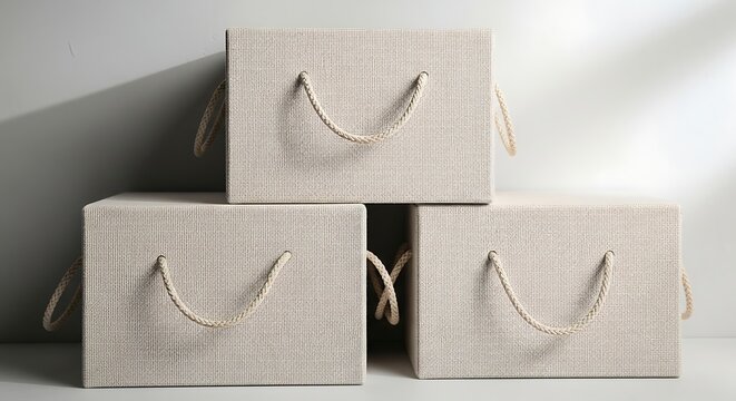 Elegant Stacked Beige Gift Boxes with Rope Handles, Minimalist Design, and Soft Shadows.