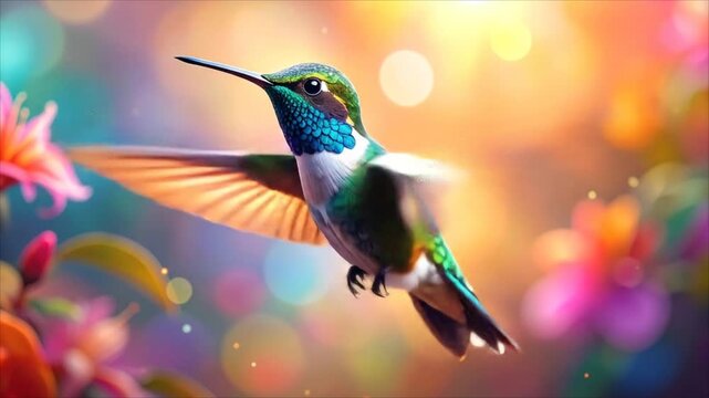 Colorful hummingbird in flight amidst blossoms