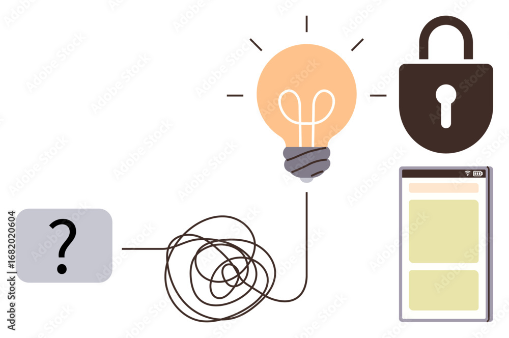 Poster tangled line from question mark to light bulb symbolizing problem-solving and innovation, adjacent t