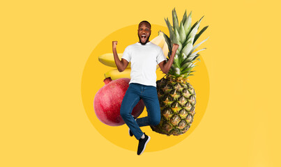 A cheerful person stands amidst a vibrant collage of fruits, including a pineapple, banana, and...