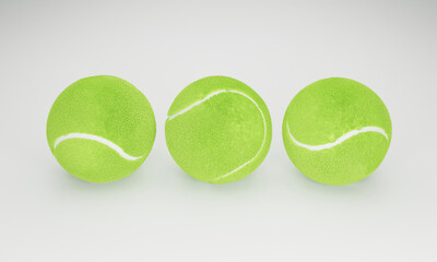 Set of tennis ball icons from different angles on white background. 3D rendering background.