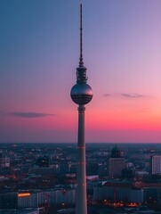 Obraz premium Berlin Cityscape at Sunset: Iconic Tower and Vibrant Colors in Germany's Skyline