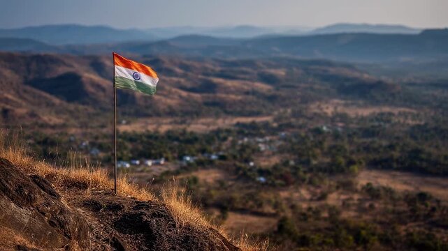 Focused vibrant flag atop a blurred hill contrasting the expansive countryside beyond symbolizing a remote enclave with unique governance.