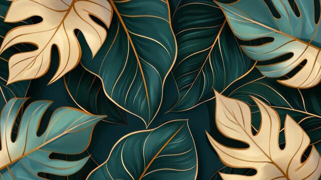 Botanical Elegance: A sophisticated arrangement of golden-veined leaves on a deep teal backdrop, blending luxury and nature with an air of refinement. 