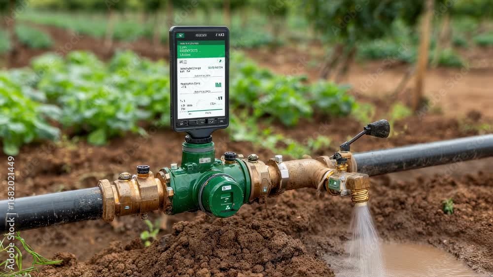 Poster medium shot highlighting an irrigation system valve control menu on telemetry display focused valve 