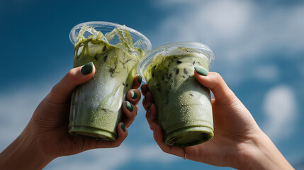 female hands making a toast with iced matcha drinks