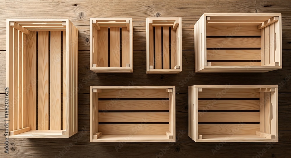 Poster overhead view of six empty wooden crates arranged on rustic wood surface.