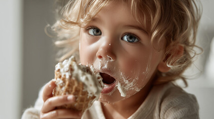 Young kid eating ice cream and getting it all over their face