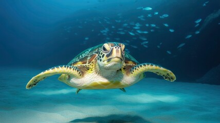 Majestic Green Sea Turtle Swimming in Ocean, Underwater Wildlife