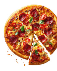 A delicious-looking pepperoni pizza with a slice removed