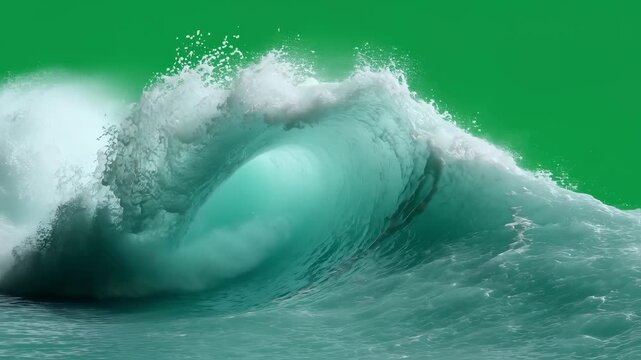 Crystalclear curling ocean wave crest exploding with water spray set on green screen for versatile use in water sports or tropical adventure footage.