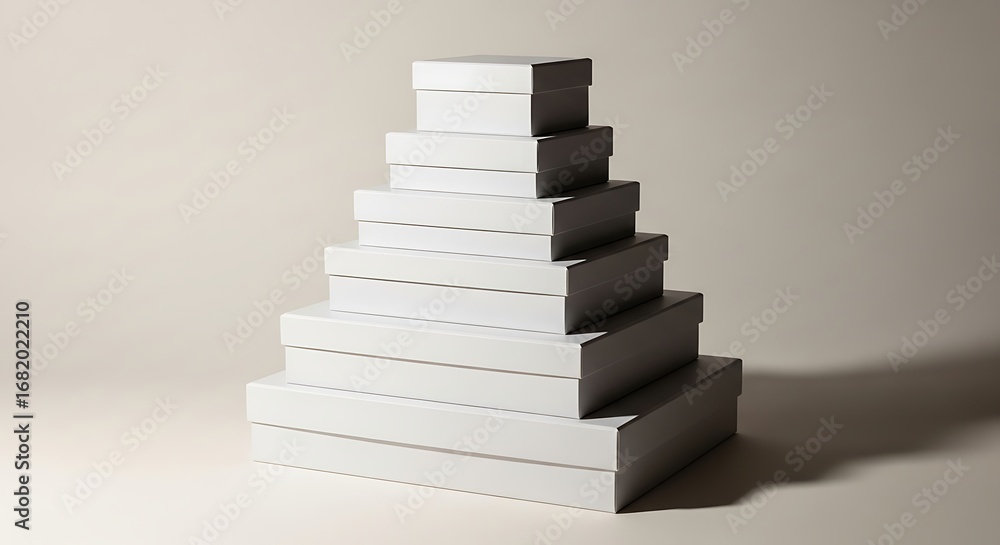 Poster stacked white gift boxes ascending in size, creating a staircase effect against a softly lit backgro