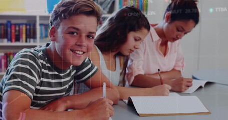 Students studying at library table, generating data overlays as boy pauses, glancing and smiling - Powered by Adobe