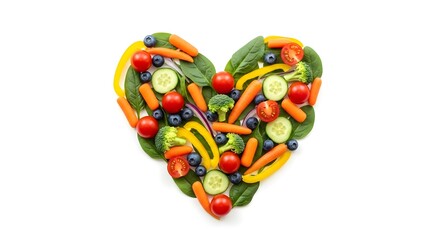 Heart Shaped Fresh Vegetables and Fruits Arrangement for Healthy Eating.