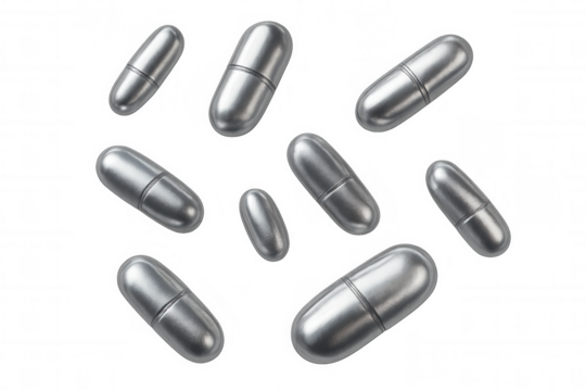 Silver medical capsules falling against a transparent background, creating a futuristic and scientific atmosphere