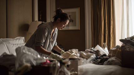 A Woman Cleaning a Messy Hotel Room