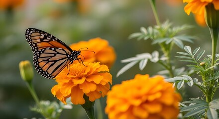 Obraz premium Monarch Butterfly Resting on Vibrant Orange Marigold Flower in Garden.