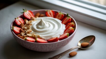 Delicious Creamy Yogurt Bowl with Strawberries and Almonds - Healthy Breakfast or Snack