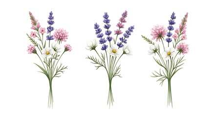 Fototapeta premium Delicate Watercolor Bouquets of Wildflowers Featuring Lavender Daisies and Clover for Natural Beauty and Serenity
