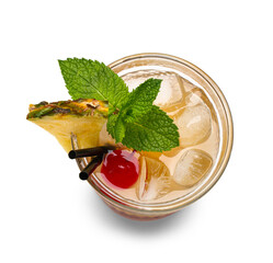 Glass of tasty Mai Tai cocktail with mint and pineapple on white background