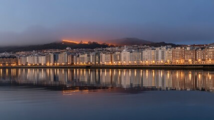 Fototapeta premium Serene Dawn Reflection Cityscape Over Calm Water