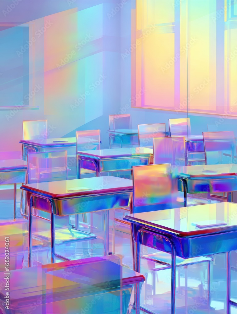 Poster bright classroom filled with transparent desks showcasing a spectrum of colors reflecting off the wa