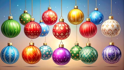 Obraz premium A festive display of numerous colorful Christmas ornaments hanging against a soft sky background.