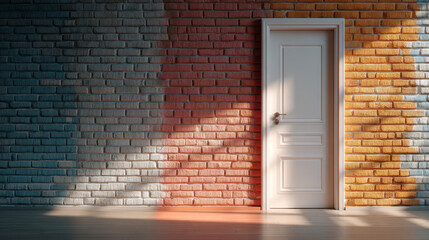 Fototapeta premium White door stands room with colorful brick walls, creating vibrant and inviting atmosphere. interplay of light and shadow enhances visual appeal