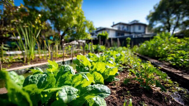 Focused medium shot of a community garden supported by sustainable irrigation systems blurred housing blocks in the background reflecting climate adaptation through local food