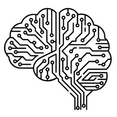 Fototapeta na wymiar A minimalist black-and-white illustration of a brain with circuit patterns, symbolizing artificial intelligence, neural networks, and innovative technology concepts.