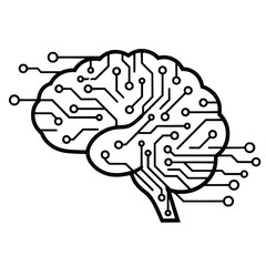 A minimalist black-and-white illustration of a brain with circuit patterns, symbolizing artificial intelligence, neural networks, and innovative technology concepts.