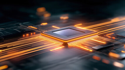 Futuristic Glowing CPU Chip Accelerating Digital Revolution with Neon Energy and a Board Placed on Top of Computer Motherboard AI	
