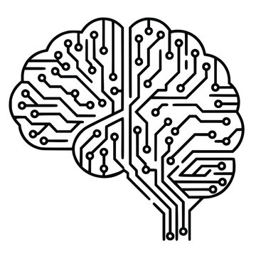 A minimalist black-and-white illustration of a brain with circuit patterns, symbolizing artificial intelligence, neural networks, and innovative technology concepts.
