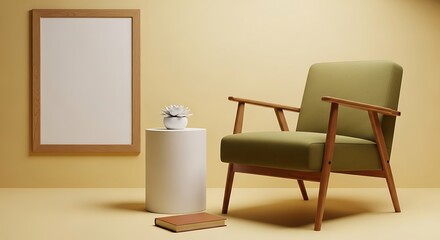 Minimalist Interior Scene with Sage Green Armchair, Warm Lighting, and Empty Frame.