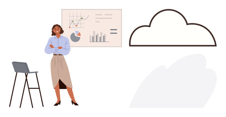 Woman standing near presentation charts confidently, chair aside, cloud outline symbolizing data storage. Ideal for cloud data, business analysis, presentation, collaboration, technology, leadership