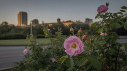 Fototapeta premium Pink Roses in Bloom with City Skyline in Background at Sunset