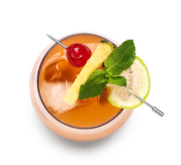 Glass of tasty Mai Tai cocktail garnished with cherry and pineapple on white background