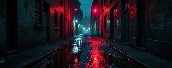 Rain slicked city street at night, a single red light reflecting on a pool of dark liquid, abandoned alleyway, urban decay, ominous shadow , police, desolate