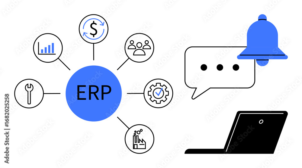 Poster central erp hub with icons for analytics, finance, hr, tools, automation, notifications, and laptop.