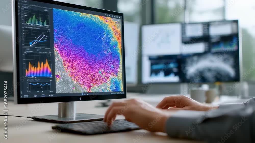 Poster medium shot showing a persons hand scrolling through a dynamic doublemateriality heatmap on a touchs